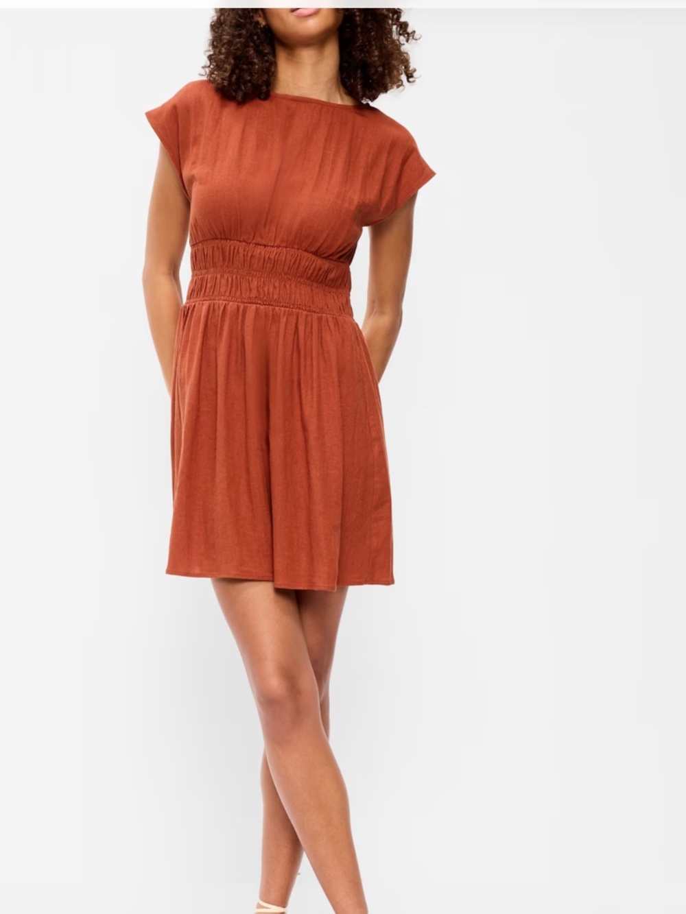 Old Navy Rust Red Linen-Blend Smocked Waist Dress